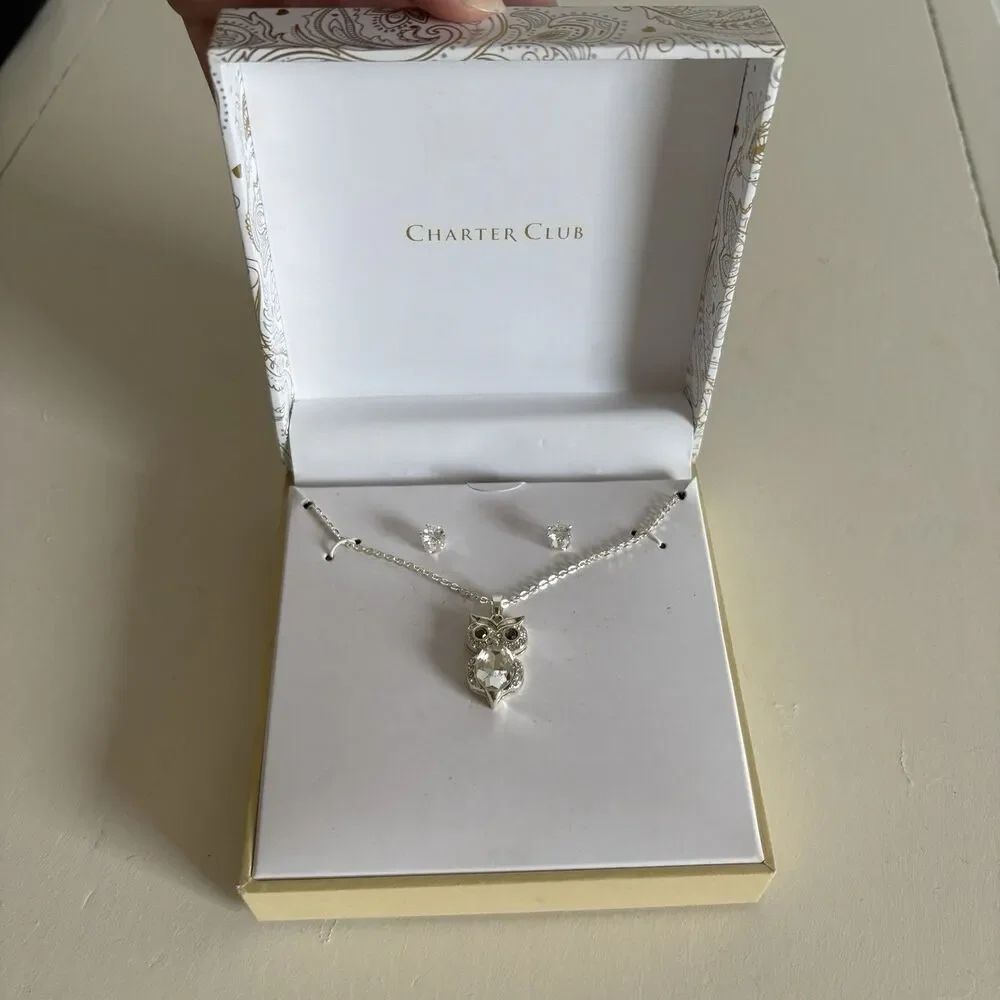 New Charter Club Owl Necklace And Earring Set Silver Color - Picture 2 of 3
